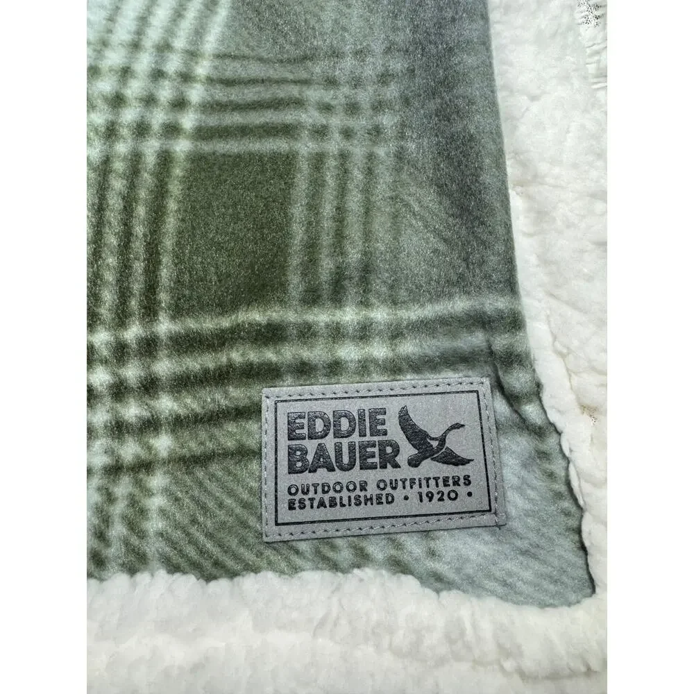 Eddie Bauer Green White Plaid Brushed Fleece Throw Blanket with Sherpa Reverse